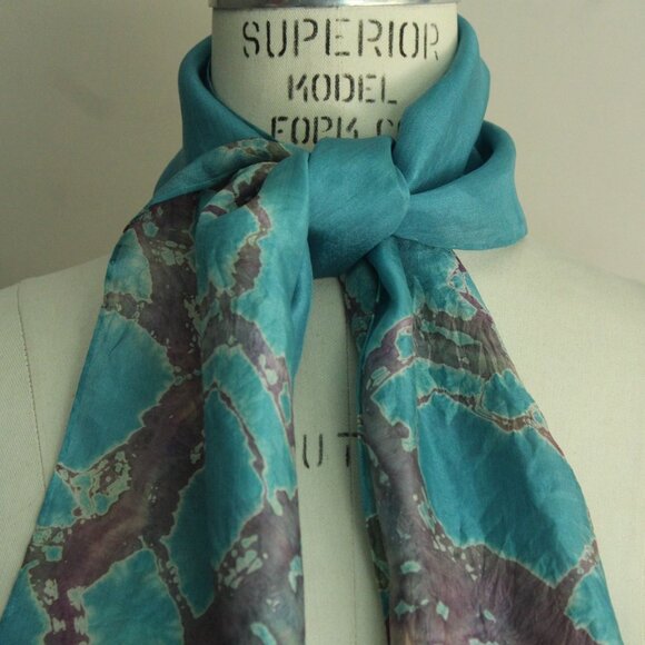 Vintage Silk Scarf, Blue and Purple Watercolor Print Rectangle Wrap - Picture 5 of 10